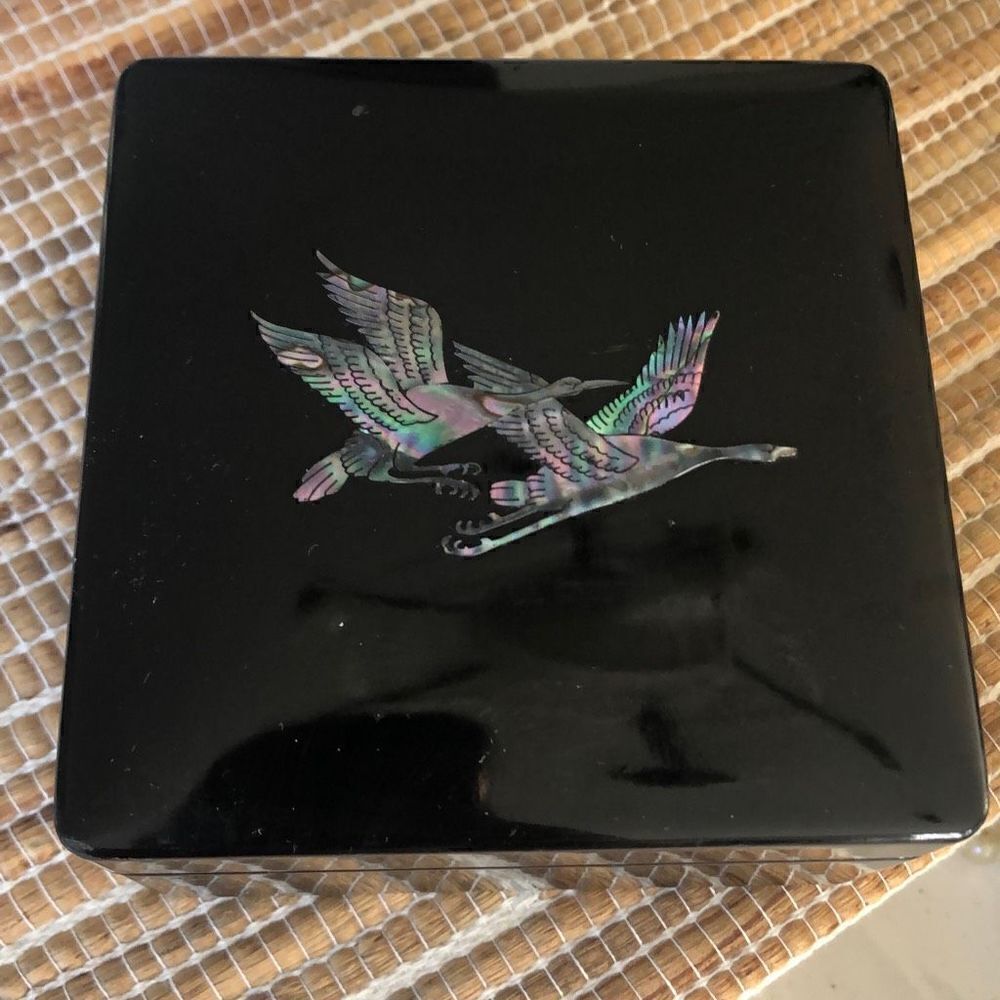 Black lacquer, decorative box with mother of pearl bird inlay Trinket box, jewel